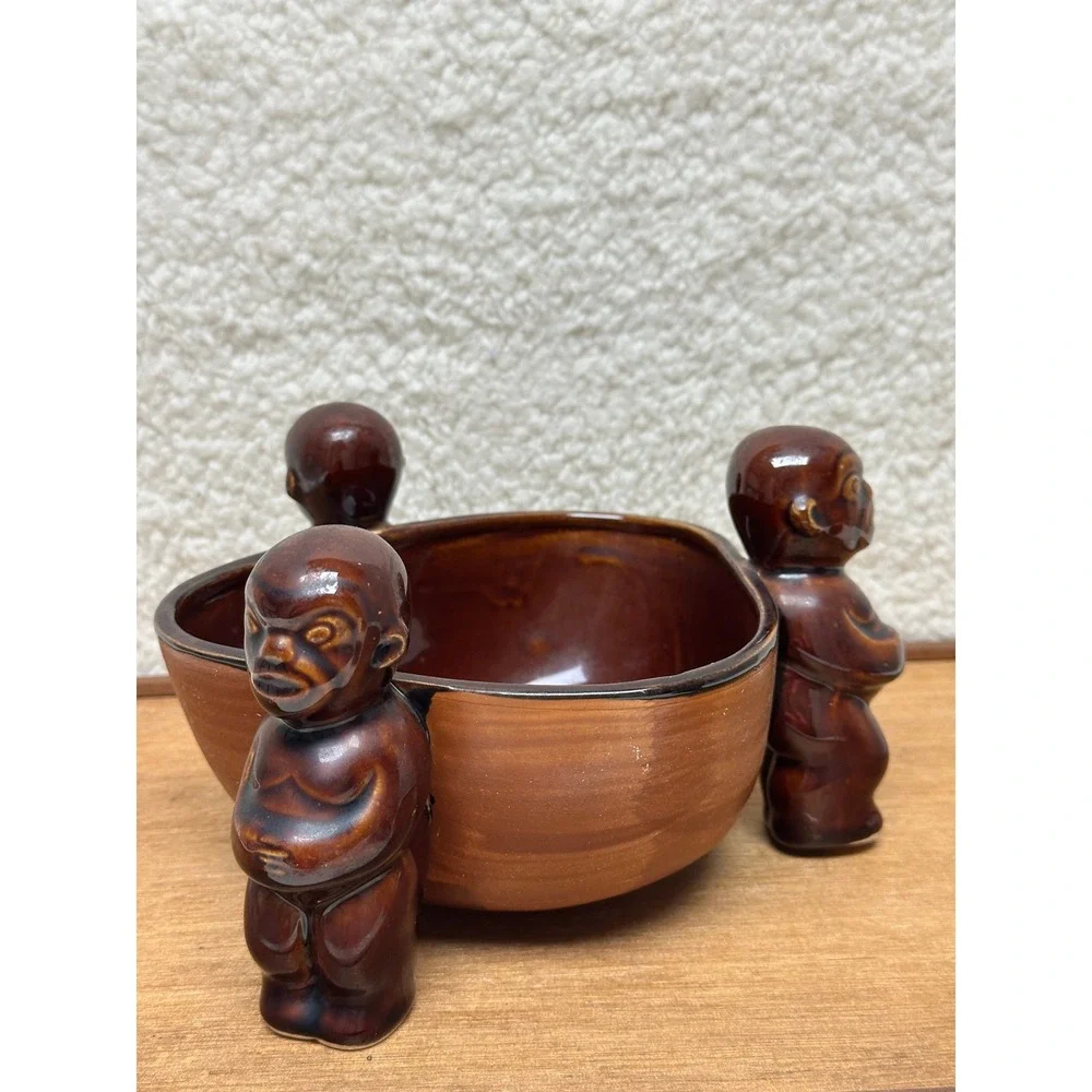 Orchids of Hawaii Tiki Bowl‎ Brown Ceramic Three Figure R-14 Japan Vintage MCM